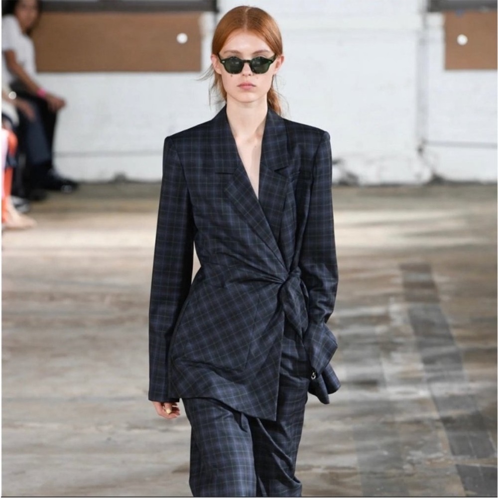 Tibi Marvel Plaid Wool Blend Tie Waist Blazer Jacket Size 10